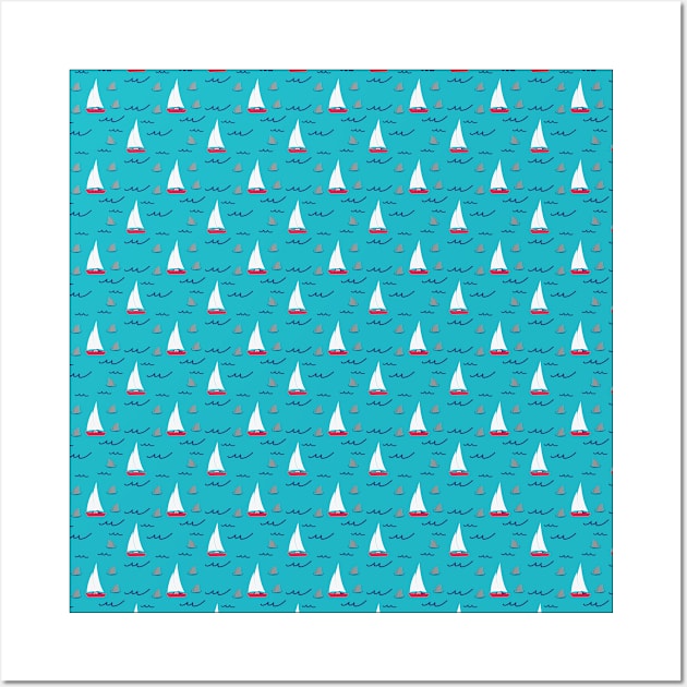 Sailboats With Circling Sharks Pattern Wall Art by SharksOnShore